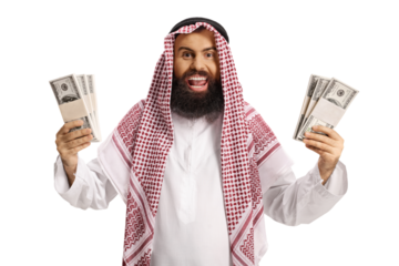 Excited saudi arab man holding stacks of money