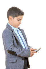 Little Businessman is Calculating New Budget Against Isolated White Background