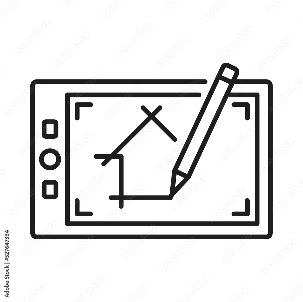 Poster architect development or interior design icon, architecture plan of house on tablet, vector line sym