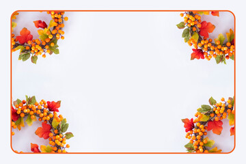 華やかな秋のオレンジ色の葉や実のリースのフレーム（白バック）