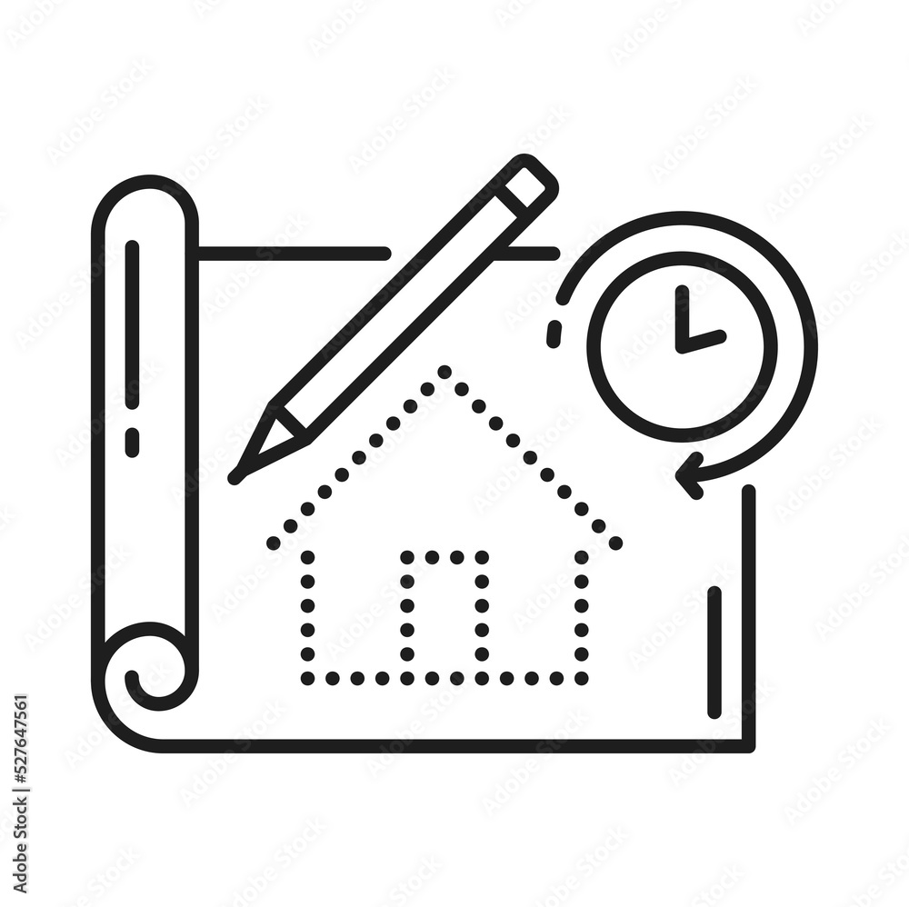 Poster house architect development and interior design plan, vector pencil line icon. home construction pro