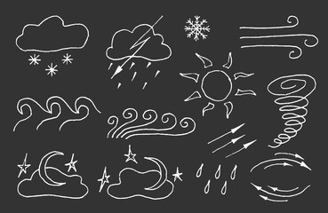 Set of weather doodles vector illustration. Childs like drawing icons of Sun, cloud, rain, moon with clouds and stars, tornado, thunder, snowflake, snowfall, snow, wind, cyclone. White chalk on black
