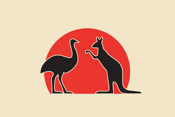 Ostrich and kangaroo in red sunlight.Symbols of Australian wildlife and nature.Animals silhouettes.
