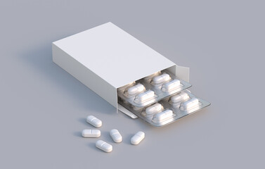 Package with two blisters with medicines pills. Mockup template. 3d rendering - obrazy, fototapety, plakaty