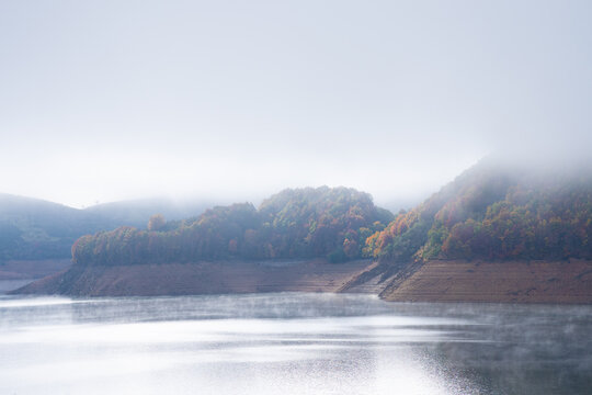 Fog over calm river and lush autumn trees