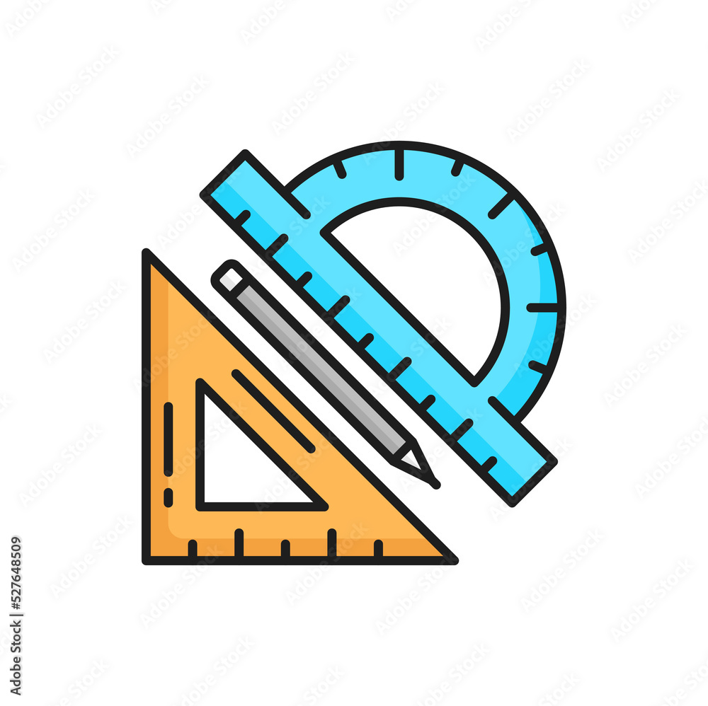Poster Measure triangle and protractor ruler and pencil isolated architect development icons. Vector school geometry tools, measurement instruments