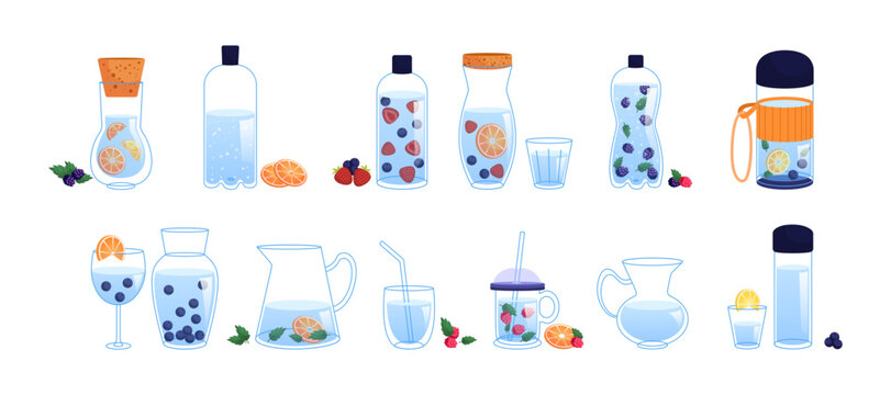 Cups and bottles of water with fruit vector illustrations set. Cold water drinks or juice with citrus fruits or berries, natural lemonade in jars on white background. Summer, beverage, health concept