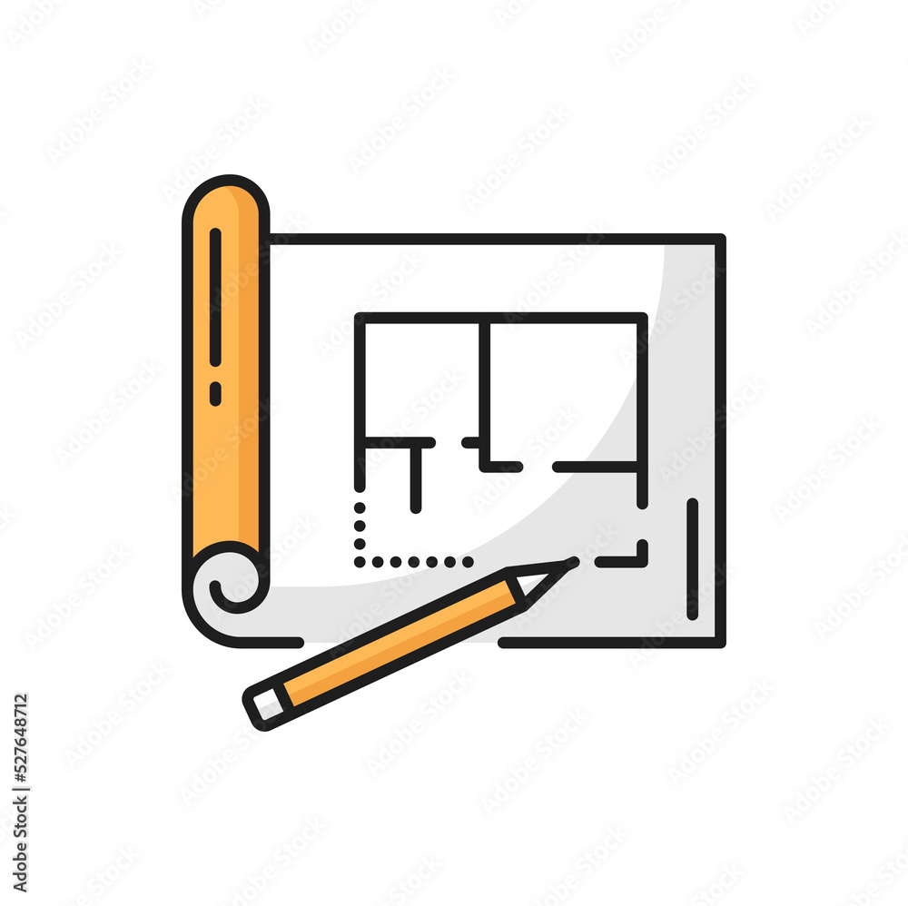 Aufkleber house architect development plan, technical drawing project scheme and pencil outline icon. vector p