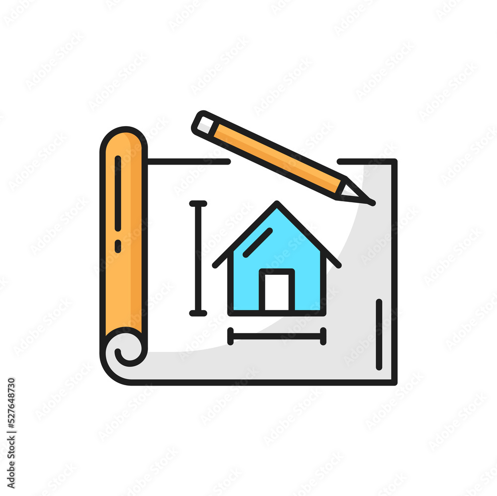 Aufkleber Architect plan on paper, pencil and house project design. Vector house development scheme and pen outline icon. Technical architecture document