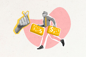 Exclusive minimal magazine sketch collage of running retired man carry suitcases money cash dollar...