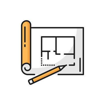 recommend clip art: House architect development plan, technical drawing project scheme and pencil outline icon. Vector paper plan draft, technical architecture document and pen