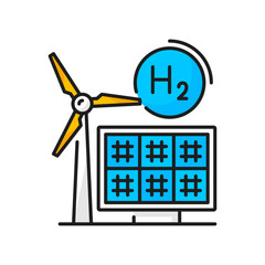 Hydrogen color icon, H2 solar energy and windmill electric power, vector line symbol. Hydrogen or oxygen cell electrolysis technology, green renewable electricity sources of solar panels and windmill