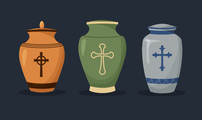 Set of urn for ashes. Cremation and funeral urn with dust. Burial and dead people. Vector illustration isolated on dark background.	
