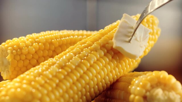 Melting Butter On Sweet Corn. Tasty Fresh Sweet Corn. Organic Horticulture Vegetarian Food Cob.Hot Meal Vegan Or Vegetarian. Butter Melting Boiled Golden Hot Corn. Appetizing Healthy Natural Nutrition