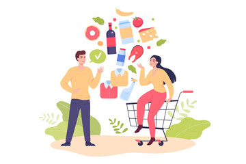 People choosing from wide assortment of products. Male and female cartoon characters doing grocery shopping in supermarket flat vector illustration. Market, commerce, diversity, consumption concept