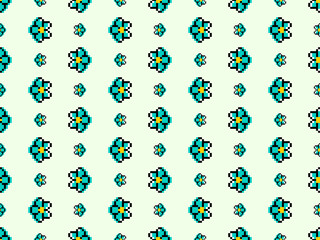 Flower cartoon character seamless pattern on green background. Pixel style