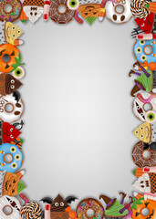 Halloween frame with candies and cakes