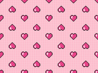 Heart cartoon character seamless pattern on pink background. Pixel style
