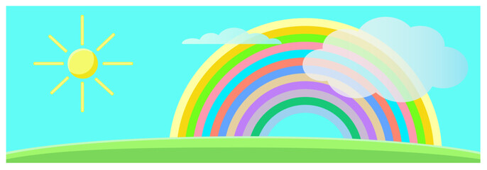 The sun and a multi colored rainbow with two clouds are in the blue sky. Label for pencils and markers. Cartoon landscape. For children. Vector illustration. A set of stationery.