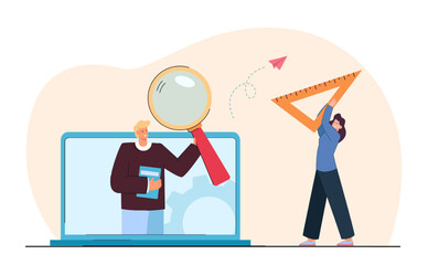 Teacher on laptop screen and tiny student with triangle ruler. Man with magnifier, girl carrying measuring tool flat vector illustration. Online education, geometry concept for banner, website