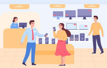 Client and shop assistant in electronic shop. Woman talking with salesperson, buying phone or smartphone flat vector illustration. Mall, store interior, purchase concept