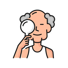 Eye examination, vision eyesight check or visual check up in senior age, vector icon. Ophthalmology or optometry eye examination of old man with closed eye for optical glasses on myopia or hyperopia