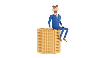 3d rendering of business man cartoon character standing on tallest dollar coin. Concepts goes success financial, business and crypto.