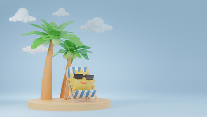 3D modeling. The concept of relaxation is on the beach and the characters are the sun and there is copy space.