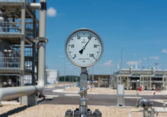Close-up of a high pressure manometer at a natural gas pipeline compressor station