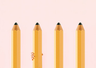Minimal concept of school exercises with child's hand holding prison bar made of huge pencils against isolated pastel pink background. Back to school obligations. Drawing or writing accessories.