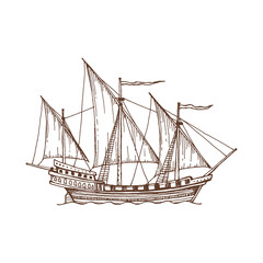 Sailing ship with flag, retro sailboat old vessel. Vector brigantine caravel galley with shooting guns, adventure galleon. Pirate boat with canvas, flags - obrazy, fototapety, plakaty