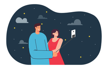 Happy boyfriend and girlfriend taking selfie together at night. Man and woman taking photo on smartphone using selfie stick flat vector illustration. Love, romance, technology concept for banner