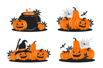 Happy Halloween. Set with pumpkins, cobwebs, spider, bat, with a vat of potion and a broom. Vector illustration for Holiday poster, greeting card, party invite