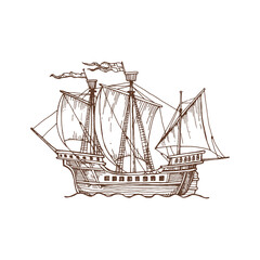 Brigantine sail boat sailboat old vessel in sea sketch icon. Vector marine vessel, caravel galleon frigate nautical ship, old warship with guns