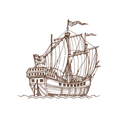 Vintage warship, sketch of sailboat with canvas, rigged caravel carrack ship on waves sketch icon. Vector English galleon old vessel, retro ship with canvas © Vector Tradition