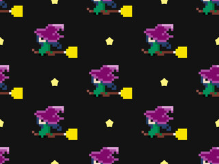 Witch cartoon character seamless pattern on black background. Pixel style