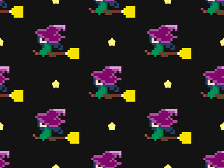 Naklejka premium Witch cartoon character seamless pattern on black background. Pixel style