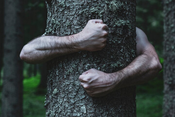 Trunk with human arms. Muscular arms hug a trunk with energy. Conceptual image of contact between man and nature. Suffering of plants and climatic emergency.