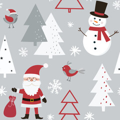 Christmas seamless pattern with Santa Claus, snowman, birds and christmas tree.