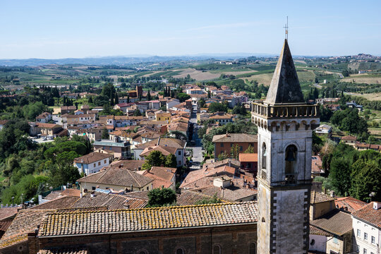 Firenze, Tuscany, Italy 08-26-2022. Vinci village, Leonardo birthplace, aerial view and bell tower of the church.