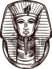 Tutankhamen pharaoh sketch, Ancient Egyptian mummy golden mask, vector icon. Ancient Egypt history, religion and culture artifact, Cairo pharaoh king Tutankhamun in hand drawn sketch