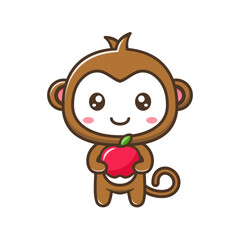 Cute litle monkey with apple cartoon illustration isolated suitable For sticker, crafting, scrapbooking, poster, packaging, children book cover