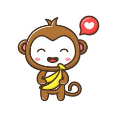 Cute litle monkey love babana cartoon illustration isolated suitable For sticker, crafting, scrapbooking, poster, packaging, children book cover