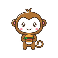 Cute litle monkey with burger cartoon illustration isolated suitable For sticker, crafting, scrapbooking, poster, packaging, children book cover
