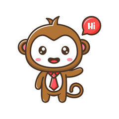 Cute litle monkey with tie and say hi cartoon illustration isolated suitable For sticker, crafting, scrapbooking, poster, packaging, children book cover