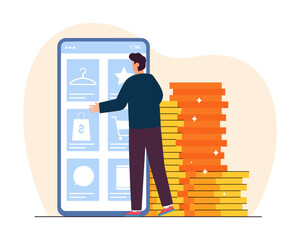 Back view of tiny customer in front of mobile phone. Man buying items via internet store, stack of gold coins flat vector illustration. Online shopping, technology concept for banner, website design