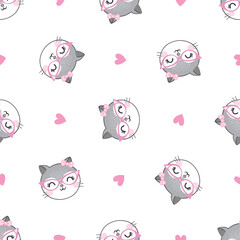 Pattern with cute cats. Kittens have rose-colored glasses.