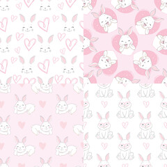 Seamless Pattern Rabbit and bow. Hand Drawn Bunny and heart, print design rabbit background. Vector Seamless.