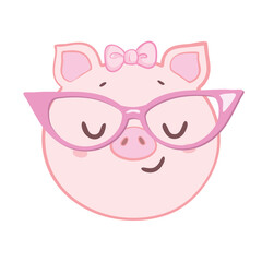 Colorful cute vector pig face in sunglasses. One object on a white background. Cartoon flat illustration. Emoji funny pet animal. Embarrassed smile emotion. Template icon. Logo, sticker.