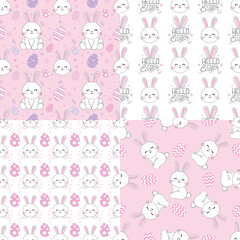 Seamless pattern with daisy garden and rabbits on pink background vector illustration.